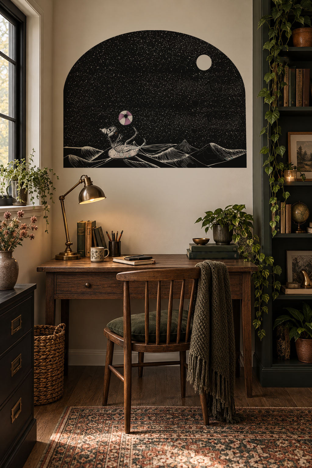 Whimsical Gothic dinosaur skeleton floating in the ocean, peel and stick wall arch decal, removable statement wall decor with a playful surreal design.