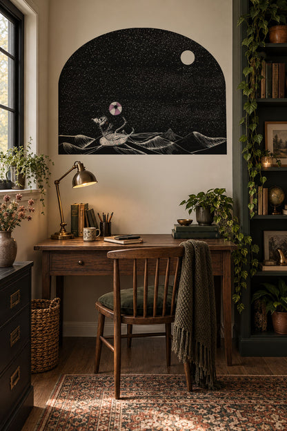 Whimsical Gothic dinosaur skeleton floating in the ocean, peel and stick wall arch decal, removable statement wall decor with a playful surreal design.