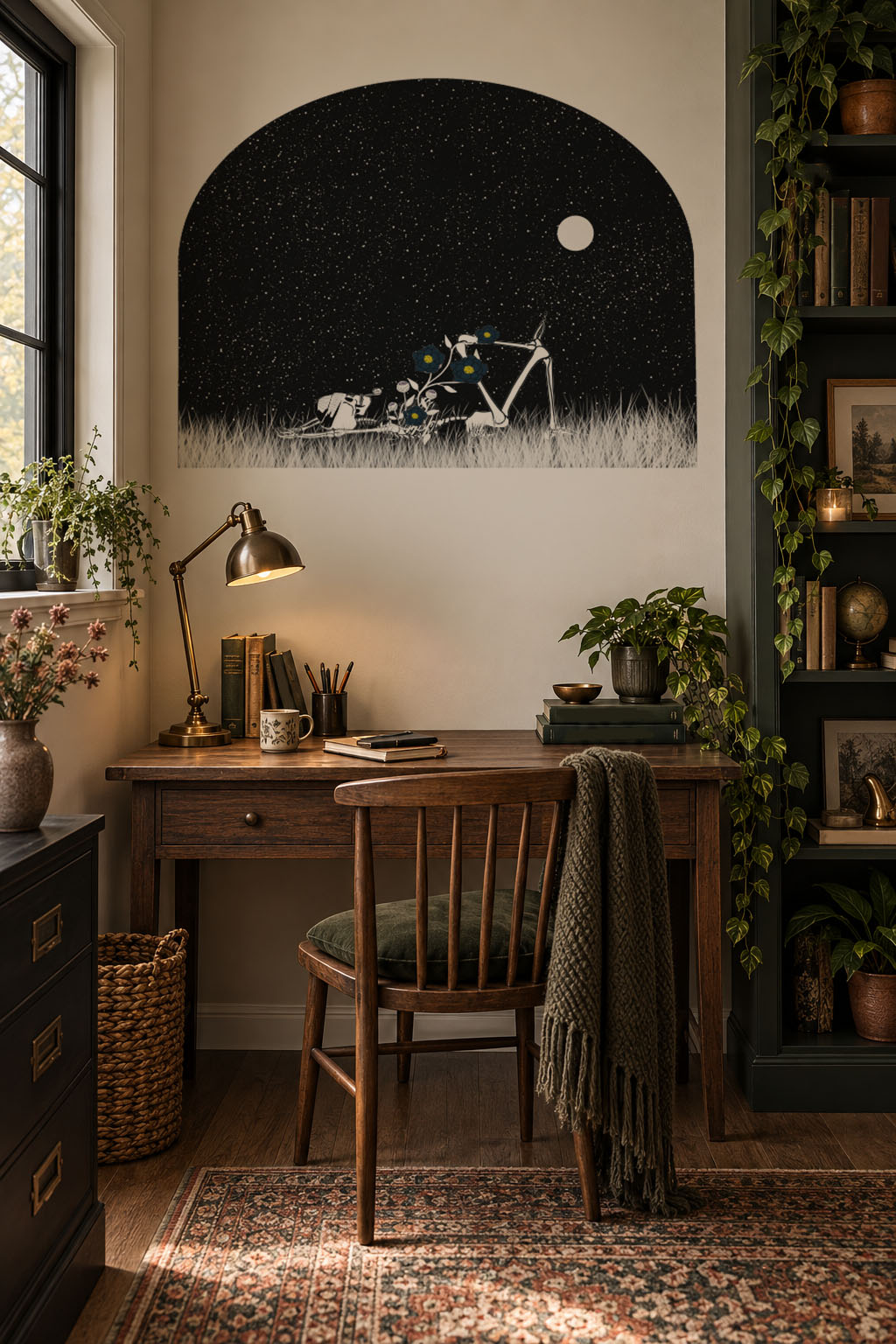 Skeleton with wildflowers growing through him gazing at a starry sky, surreal removable wall arch decal with whimsical gothic style in office.