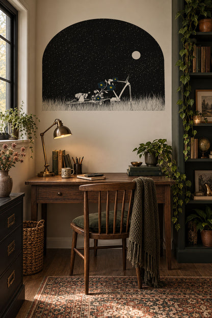 Skeleton with wildflowers growing through him gazing at a starry sky, surreal removable wall arch decal with whimsical gothic style in office.