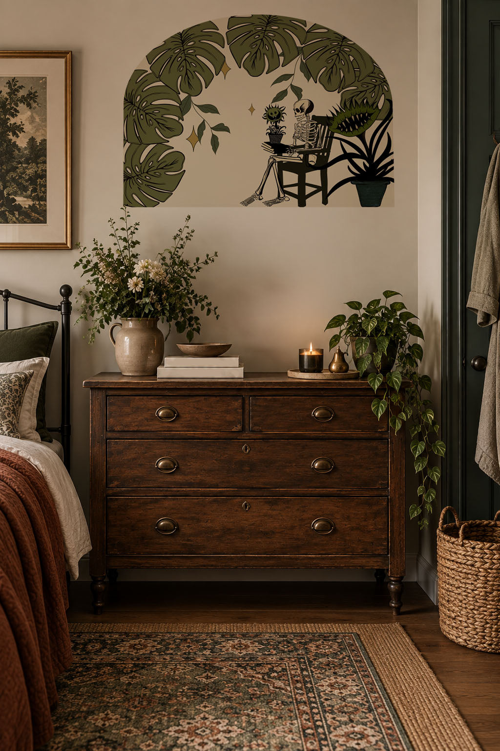 Carnivorous plant wall arch decal featuring oversized Venus flytraps in a dark whimsical botanical scene, removable gothic wall decor in bedroom.