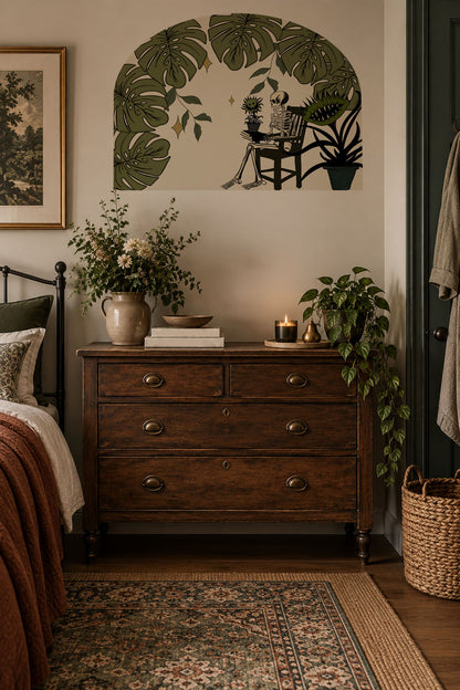 Carnivorous plant wall arch decal featuring oversized Venus flytraps in a dark whimsical botanical scene, removable gothic wall decor in bedroom.