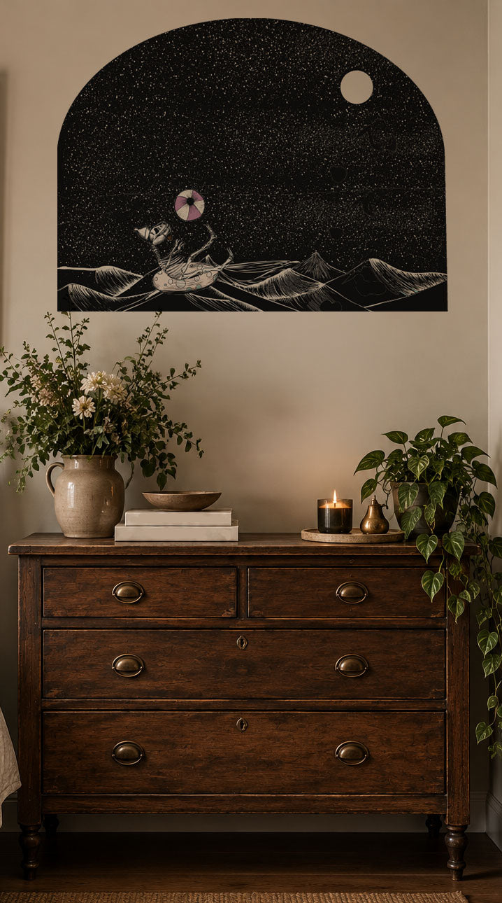 Whimsical Gothic dinosaur skeleton floating in the ocean, peel and stick wall arch decal, removable statement wall decor with a playful surreal design.