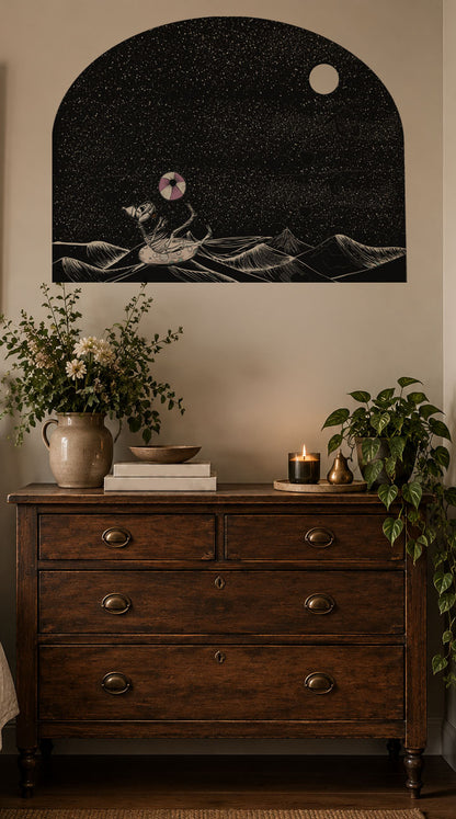 Whimsical Gothic dinosaur skeleton floating in the ocean, peel and stick wall arch decal, removable statement wall decor with a playful surreal design.