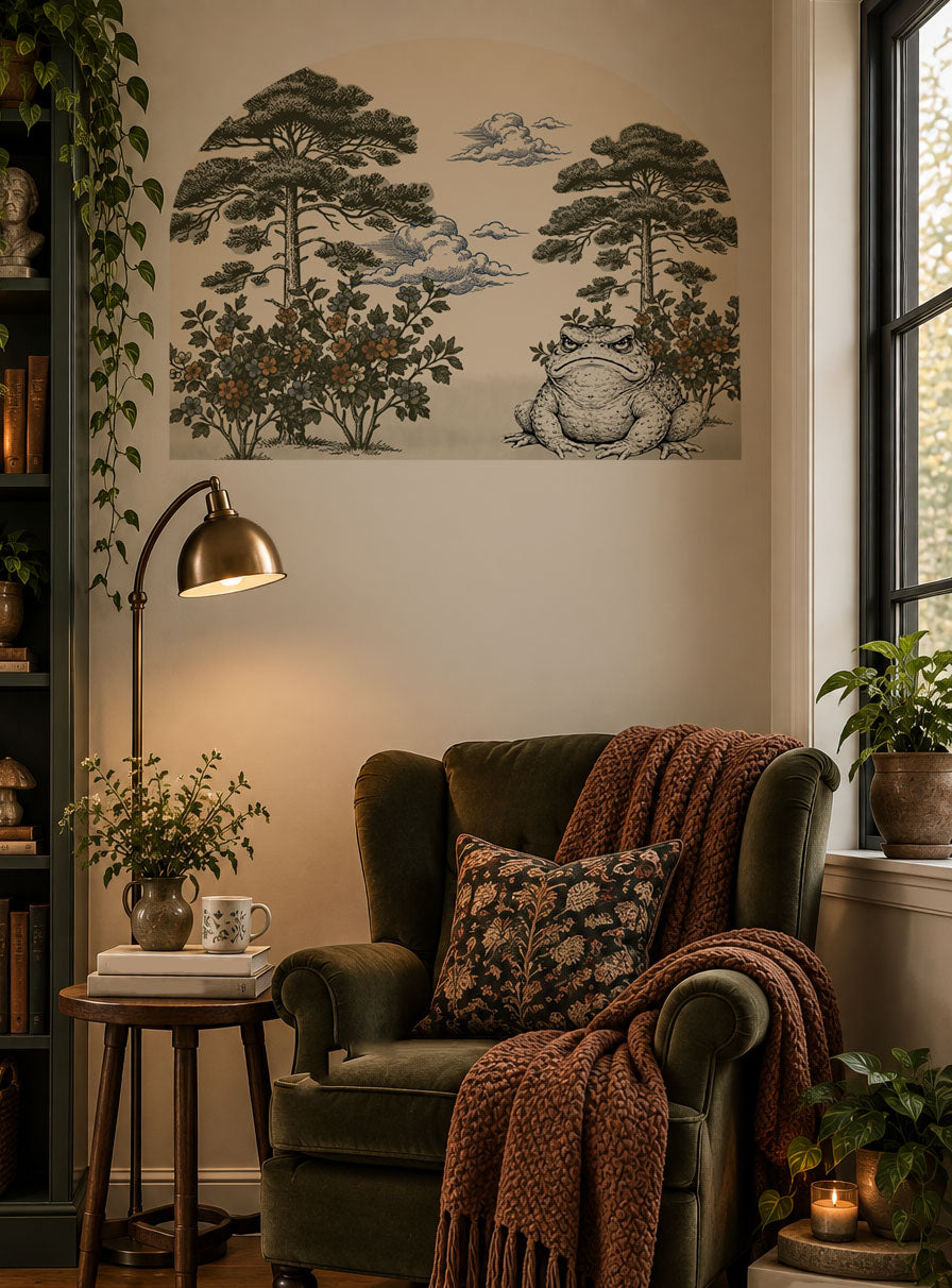 Grumpy toad wall arch decal featuring a whimsical grouchy toad in a storybook botanical scene, removable cottagecore wall decor in reading nook.