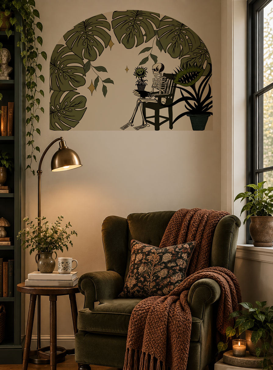 Carnivorous plant wall arch decal featuring oversized Venus flytraps in a dark whimsical botanical scene, removable gothic wall decor in reading nook.