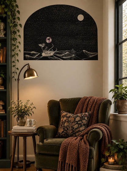 Whimsical Gothic dinosaur skeleton floating in the ocean, peel and stick wall arch decal, removable statement wall decor with a playful surreal design in book nook.
