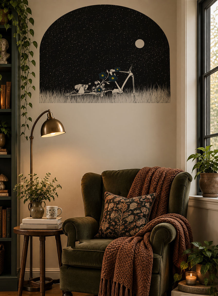 Skeleton with wildflowers growing through him gazing at a starry sky, surreal removable wall arch decal with whimsical gothic style in reading nook.