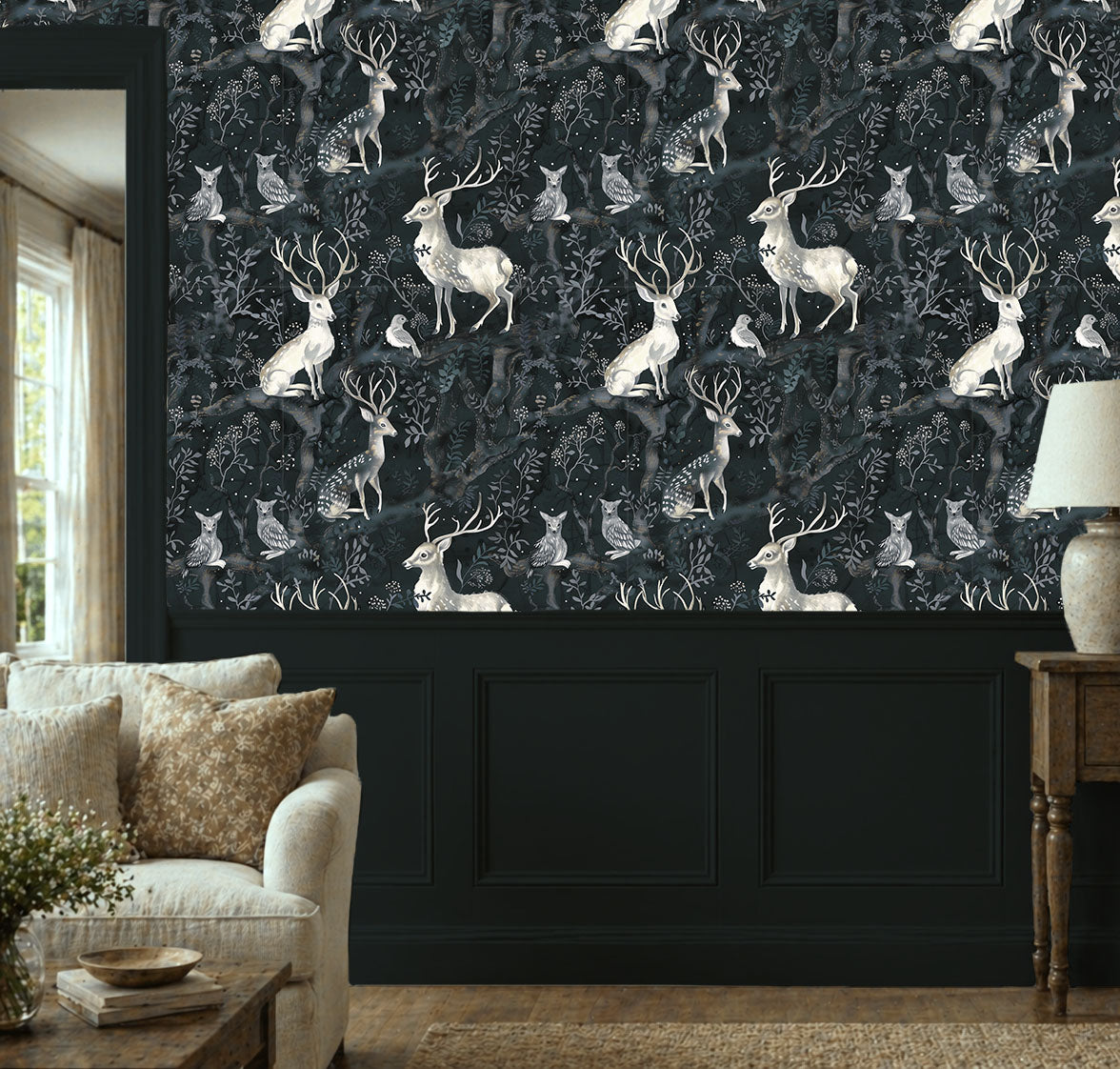 Dark woodland wallpaper featuring graceful deer, owls, and birds among twisting forest branches and soft botanical details on a deep moody background on wall