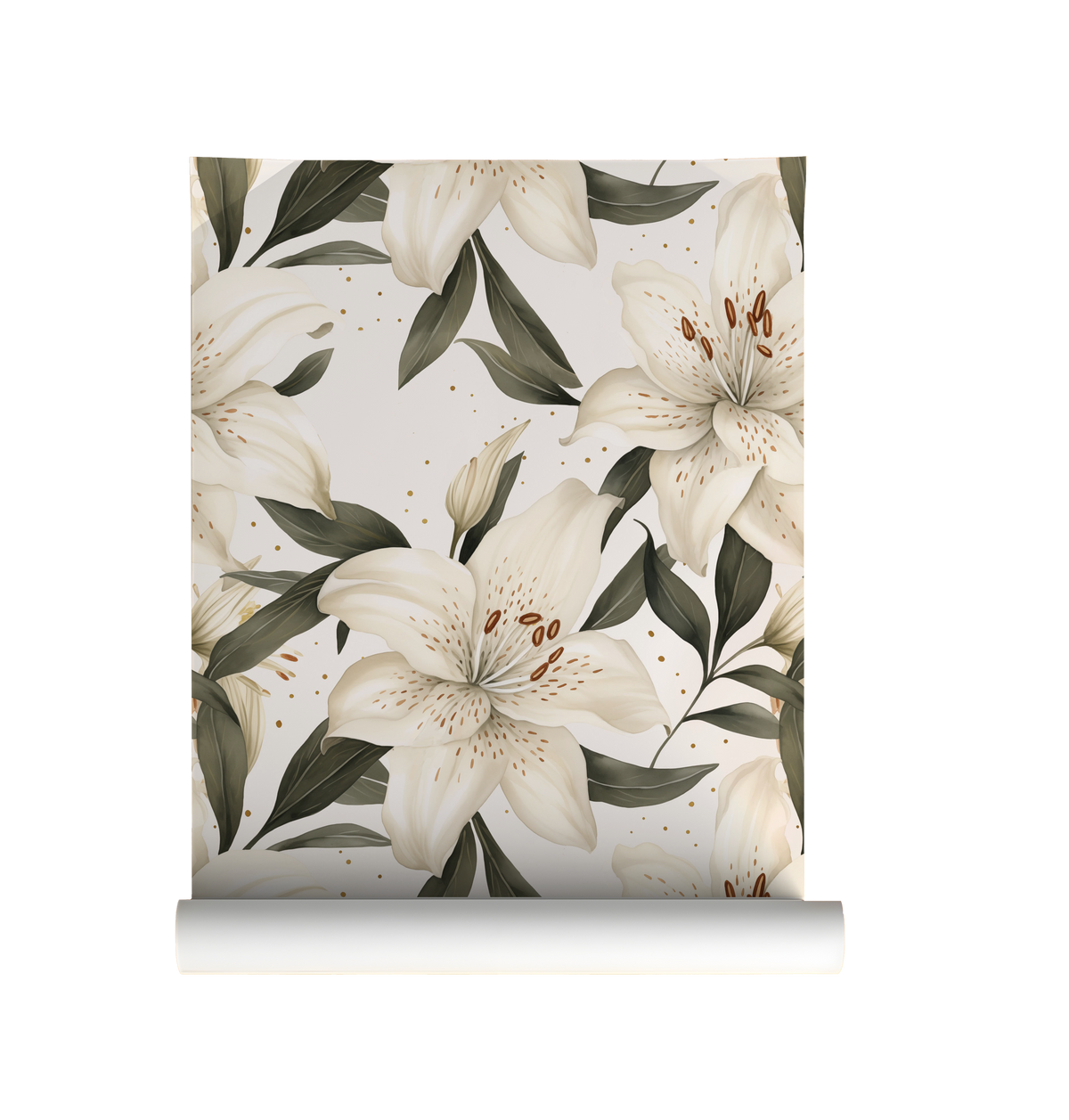 White lily floral wallpaper with large cream lilies, deep green leaves and subtle gold accents on a warm white background on roll.