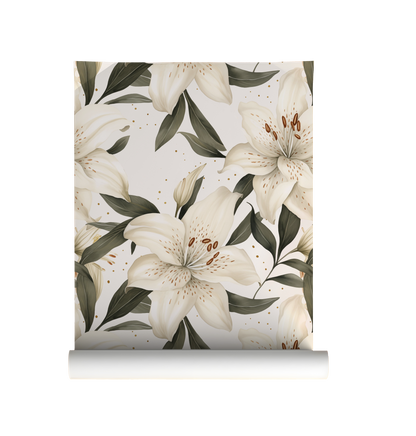 White lily floral wallpaper with large cream lilies, deep green leaves and subtle gold accents on a warm white background on roll.