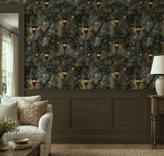 Dark botanical wallpaper with twisting ivy vines, glowing vintage lanterns and warm golden lights on a moody charcoal green background in living room.
