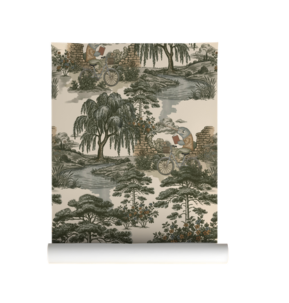 Grumpy Narwhal toile peel and stick wallpaper with vintage green woodland scenery and narwhals riding bicycles On roll. 
