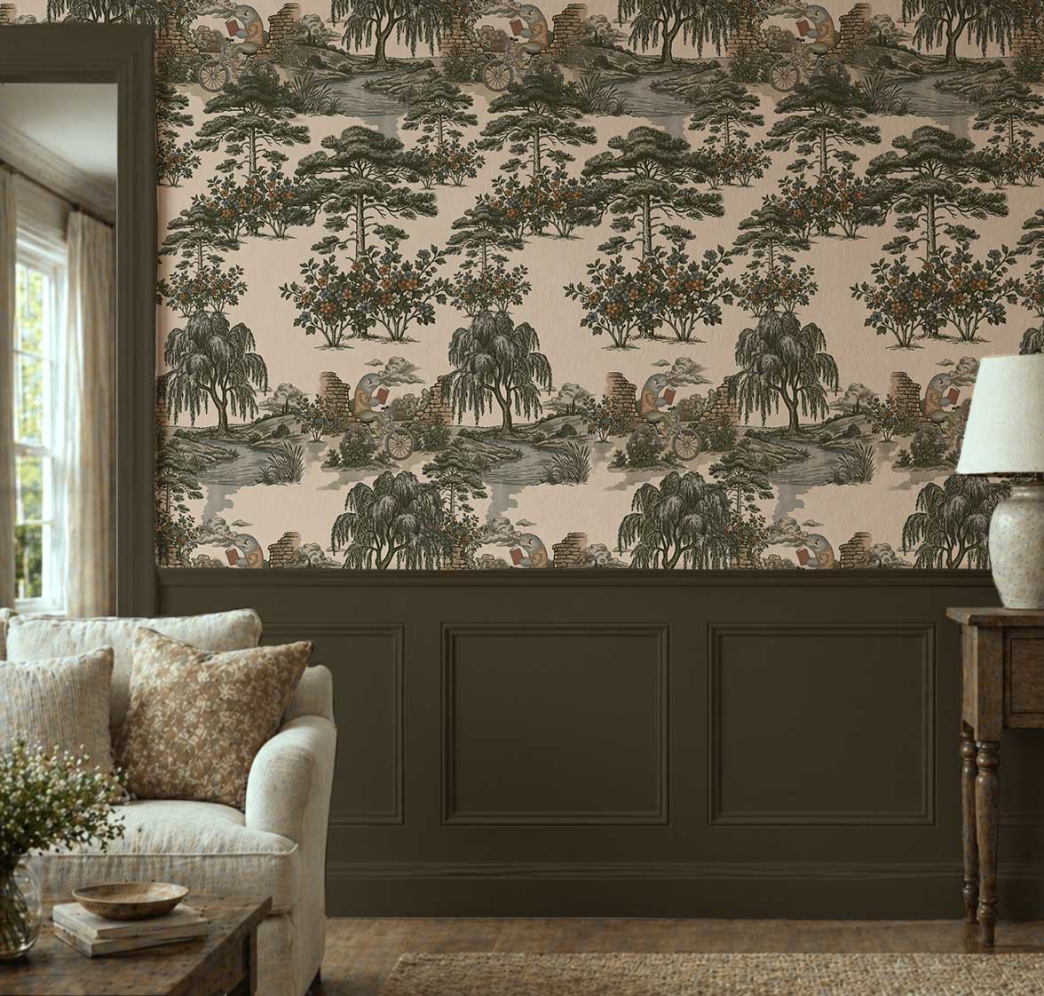 Grumpy Narwhal toile peel and stick wallpaper with vintage green woodland scenery and narwhals riding bicycles In living room. 