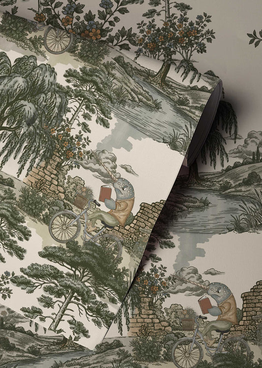 Grumpy Narwhal toile peel and stick wallpaper with vintage green woodland scenery and narwhals riding bicycles Up close 