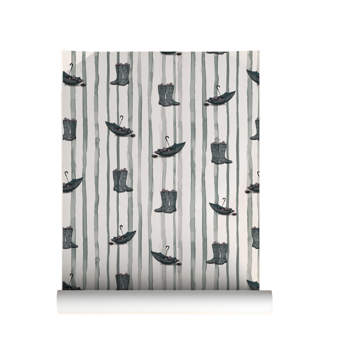 Dance in the Rain peel and stick wallpaper with illustrated rain boots and umbrellas on soft vertical stripes On roll.