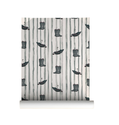Dance in the Rain peel and stick wallpaper with illustrated rain boots and umbrellas on soft vertical stripes On roll.