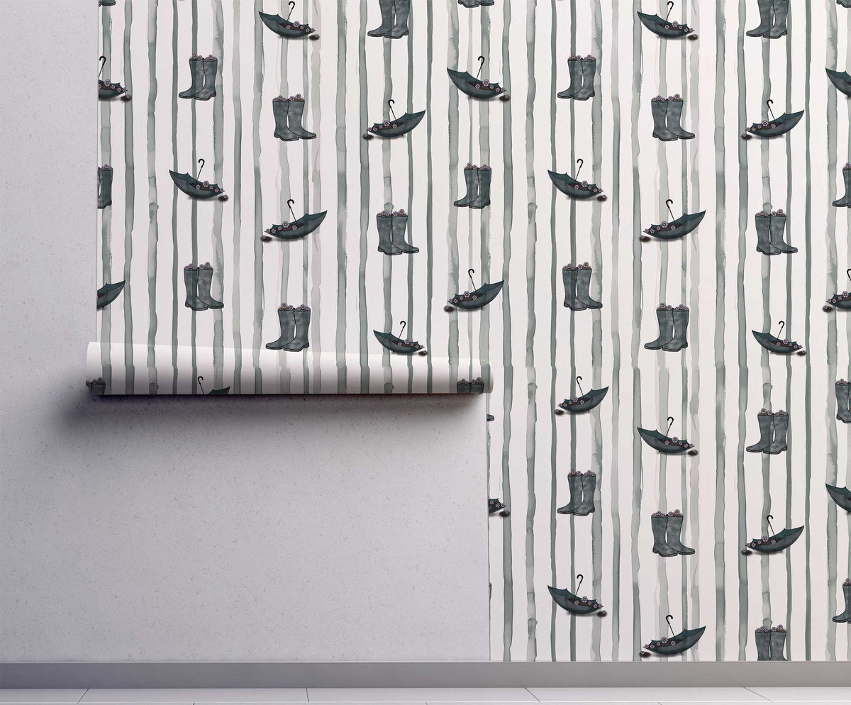 Dance in the Rain peel and stick wallpaper with illustrated rain boots and umbrellas on soft vertical stripes On wall.