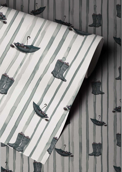 Dance in the Rain peel and stick wallpaper with illustrated rain boots and umbrellas on soft vertical stripes Up close
