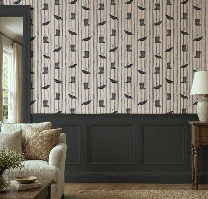 Dance in the Rain peel and stick wallpaper with illustrated rain boots and umbrellas on soft vertical stripes In living room 