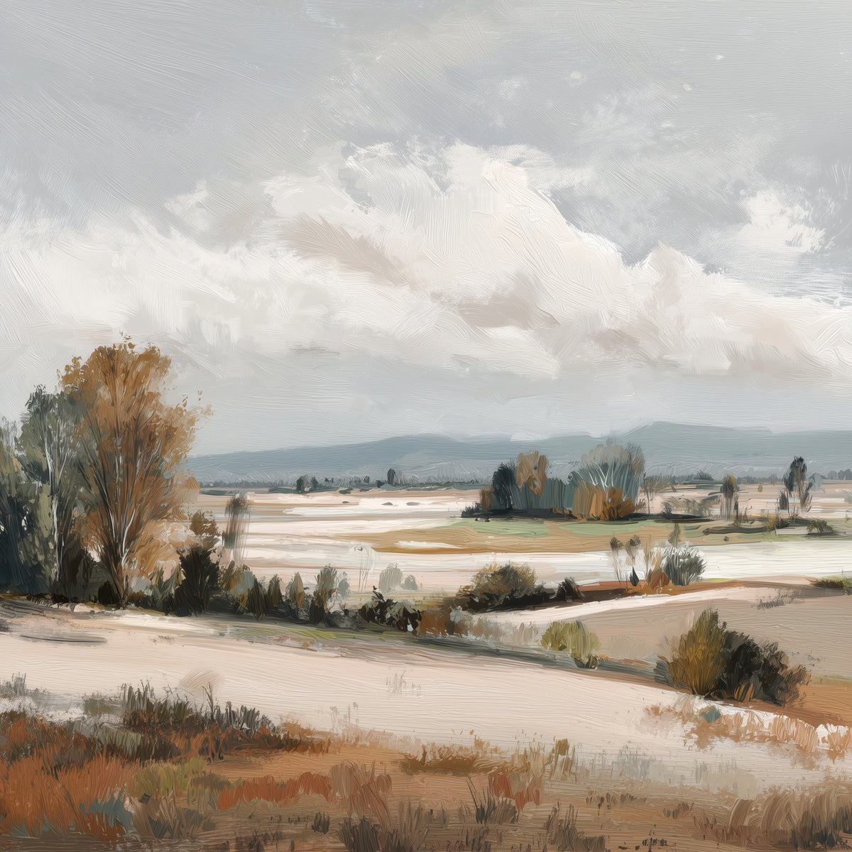 A landscape mural of a wide, open field under a cloudy sky, with trees in the foreground and distant hills.
