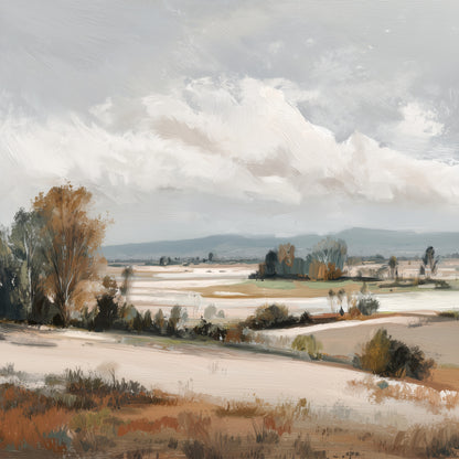 A landscape mural of a wide, open field under a cloudy sky, with trees in the foreground and distant hills.