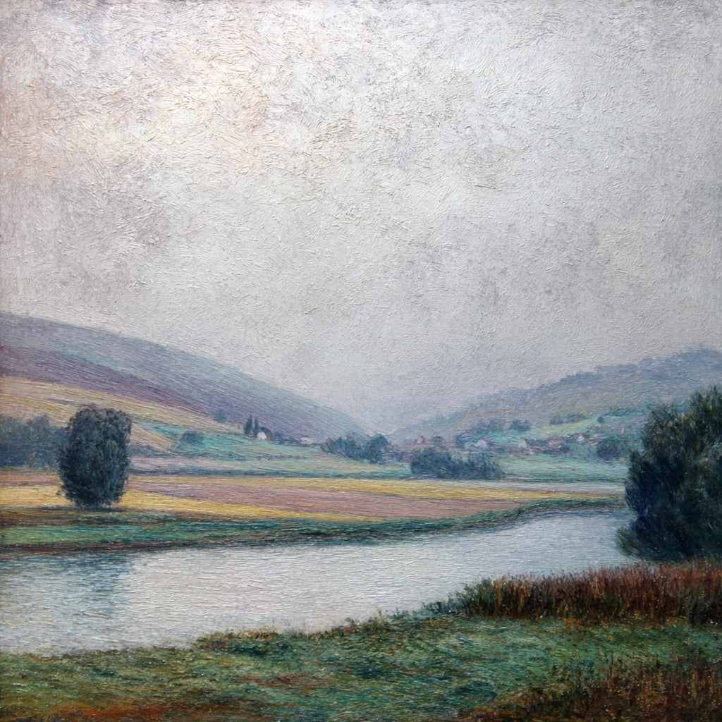 An impressionist landscape mural depicting a misty river flowing through a valley with rolling hills, fields, and trees under a cloudy sky.