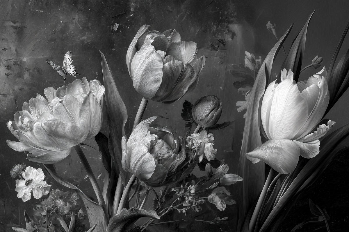 Monochrome Floral Wallpaper – Black & White Tulip Wall Mural