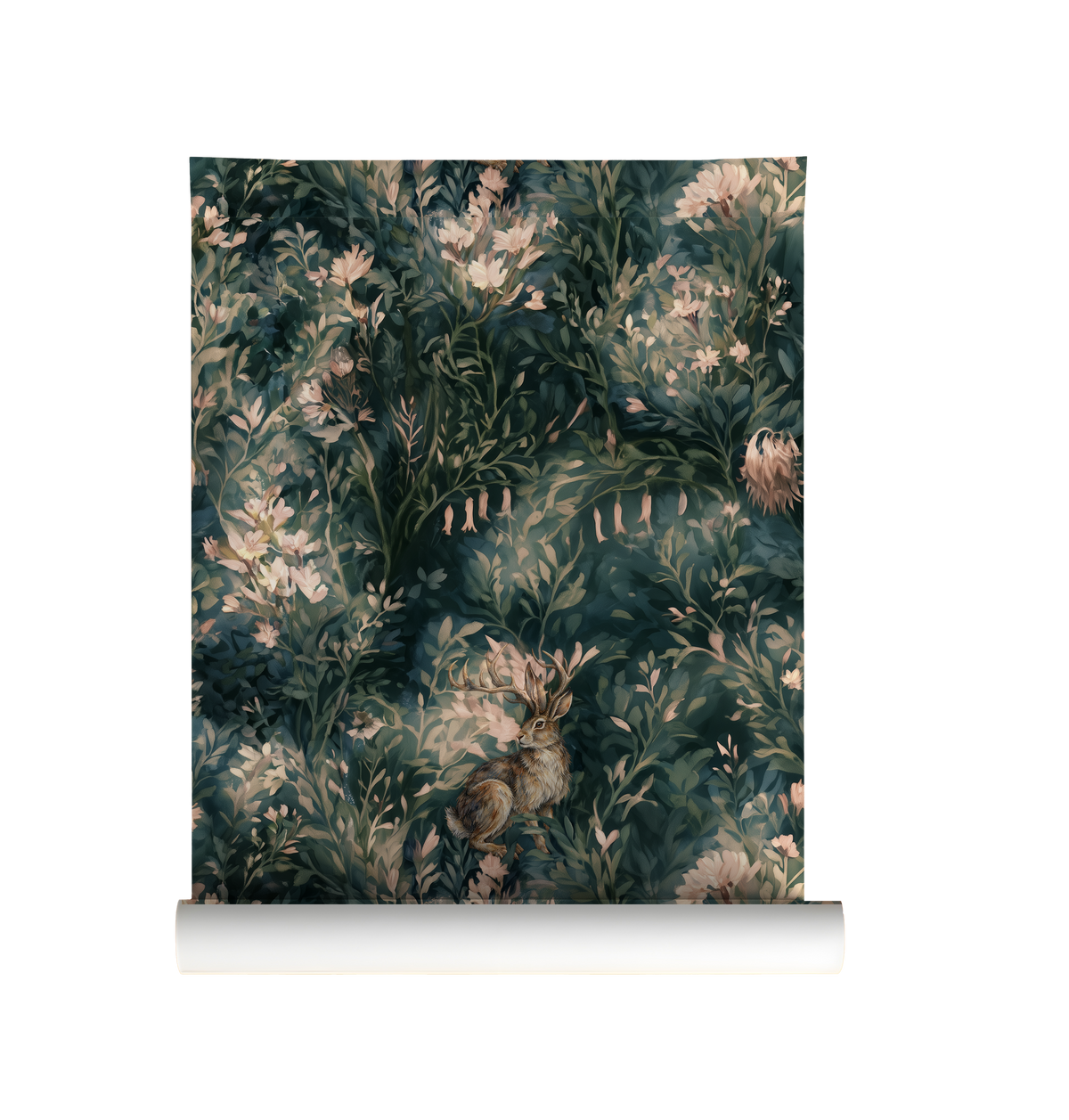 Dark green woodland wallpaper featuring antlered jackalopes surrounded by blush flowers and lush botanical foliage on roll
