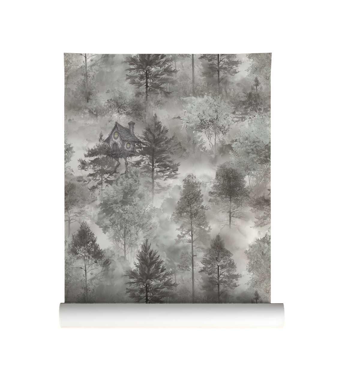 Baba Yaga woodland wallpaper featuring a cottage on chicken legs hidden among misty sage green and grey forest trees on roll.