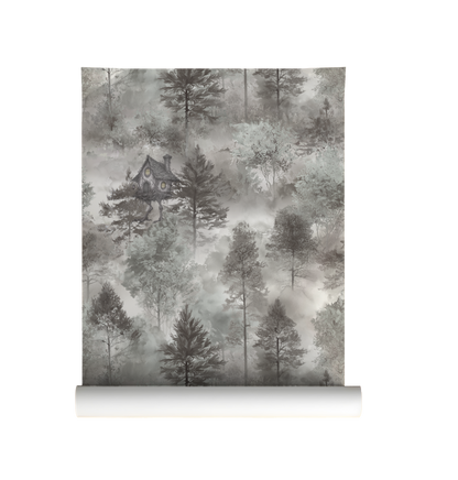Baba Yaga woodland wallpaper featuring a cottage on chicken legs hidden among misty sage green and grey forest trees on roll.