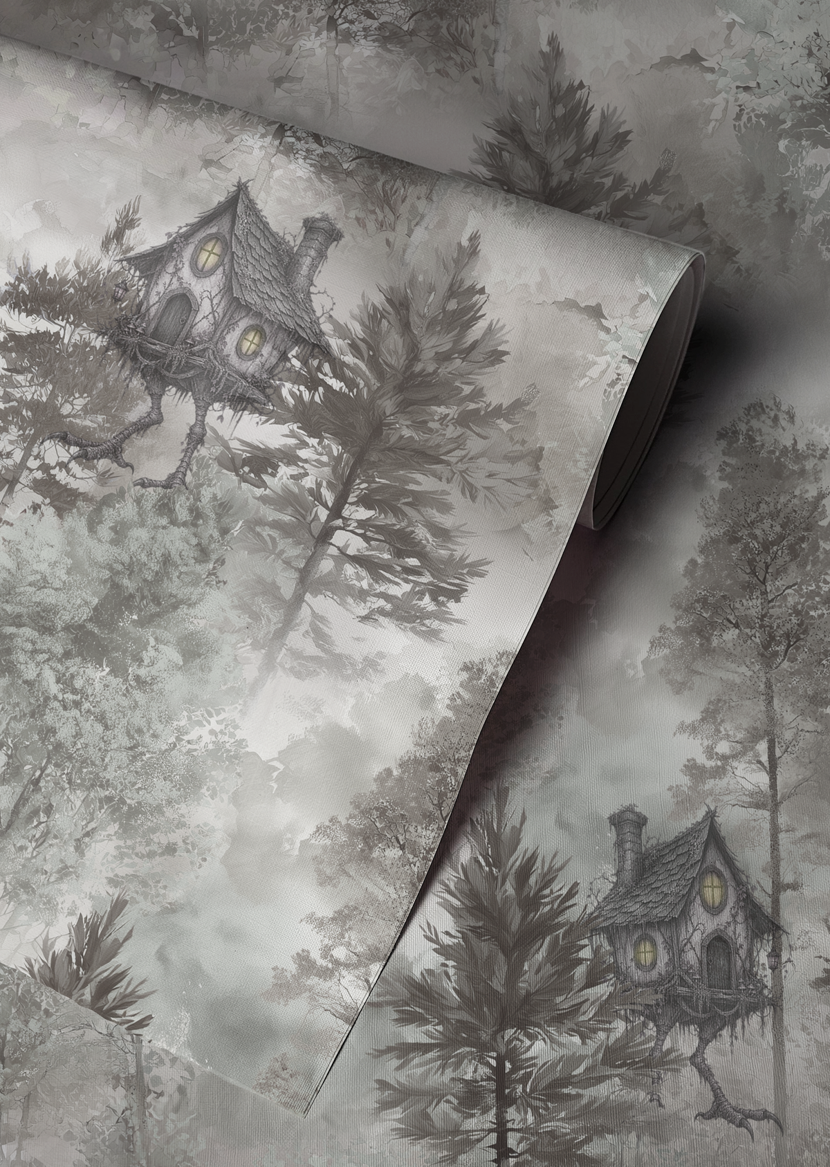 Baba Yaga woodland wallpaper featuring a cottage on chicken legs hidden among misty sage green and grey forest trees up close