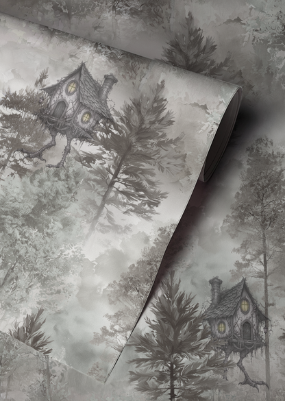 Baba Yaga woodland wallpaper featuring a cottage on chicken legs hidden among misty sage green and grey forest trees up close