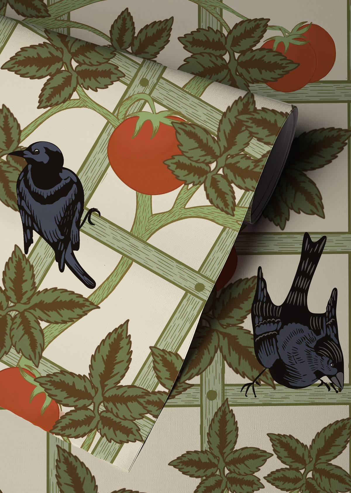 Vintage botanical wallpaper featuring black birds, red tomatoes and climbing green vines on a cream garden trellis up close.