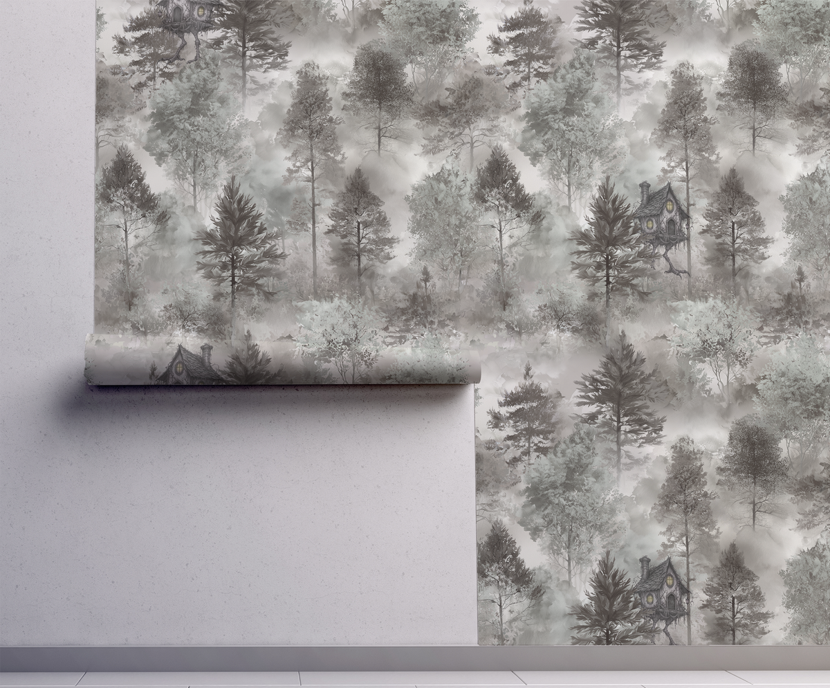 Baba Yaga woodland wallpaper featuring a cottage on chicken legs hidden among misty sage green and grey forest trees on wall
