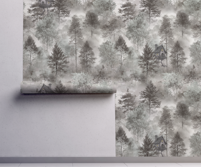 Baba Yaga woodland wallpaper featuring a cottage on chicken legs hidden among misty sage green and grey forest trees on wall