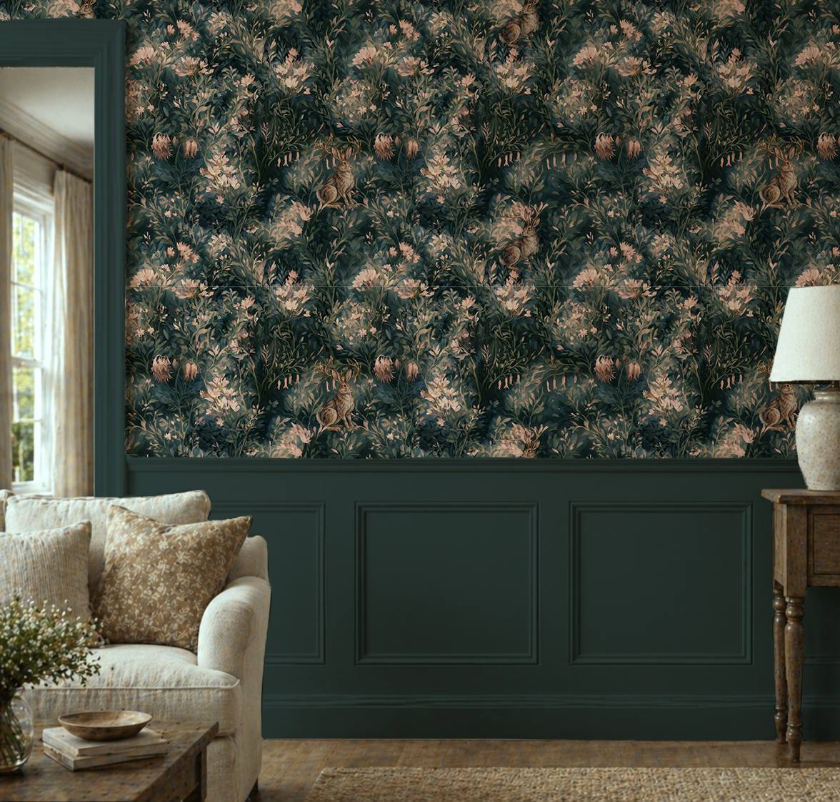 Dark green woodland wallpaper featuring antlered jackalopes surrounded by blush flowers and lush botanical foliage in living room