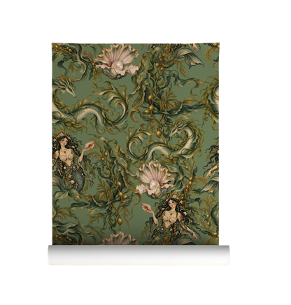 Moody green mythical sea life wallpaper featuring dark-haired sirens, curling sea serpents, flowing seaweed and blush pink oyster shells with pearls in a vintage botanical illustration style on roll.