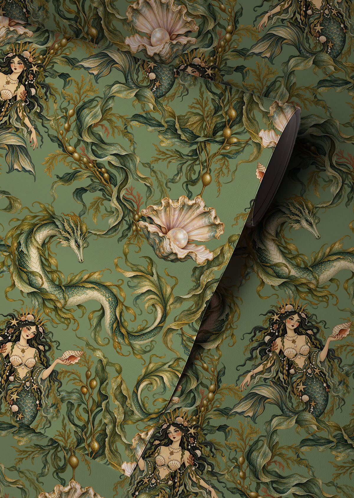 Moody green mythical sea life wallpaper featuring dark-haired sirens, curling sea serpents, flowing seaweed and blush pink oyster shells with pearls in a vintage botanical illustration style up close