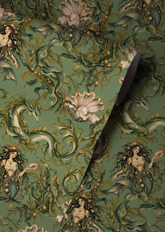 Moody green mythical sea life wallpaper featuring dark-haired sirens, curling sea serpents, flowing seaweed and blush pink oyster shells with pearls in a vintage botanical illustration style up close