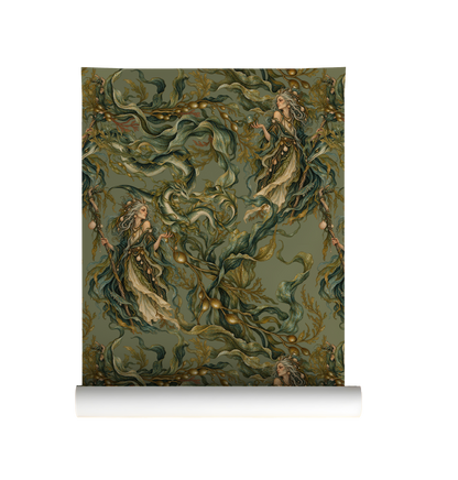 The Hag sea witch wallpaper featuring mysterious ocean witches, mythical sea serpents and twisting underwater botanicals in muted olive green, teal and antique gold on roll