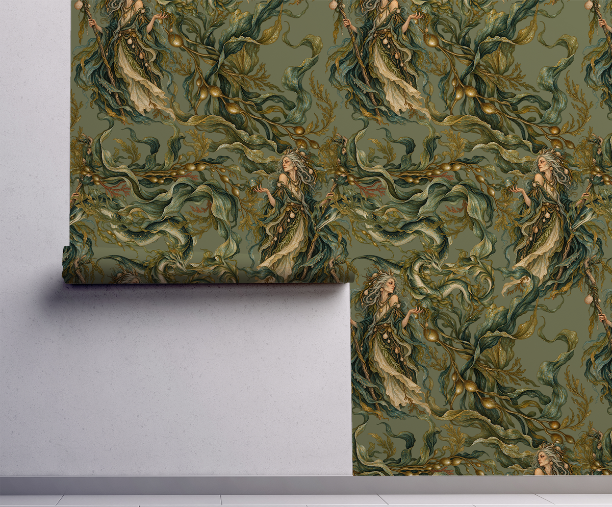 The Hag sea witch wallpaper featuring mysterious ocean witches, mythical sea serpents and twisting underwater botanicals in muted olive green, teal and antique gold on wall.