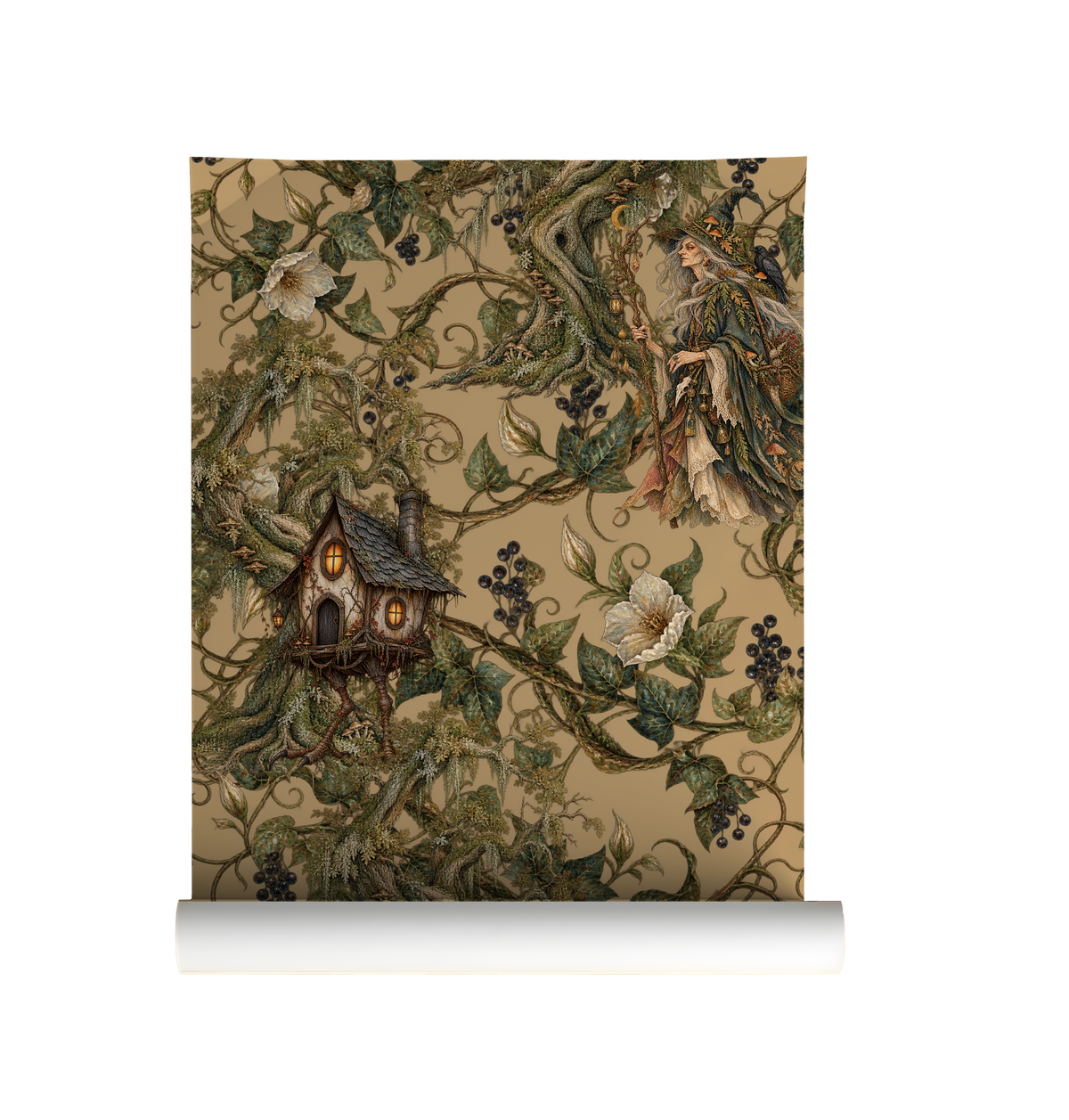 Baba Yaga witch wallpaper featuring mysterious woodland witches, enchanted cottages, twisted tree branches, ivory flowers and dark berries on a warm antique beige background on roll