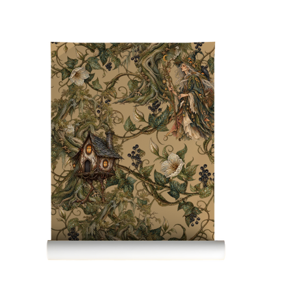 Baba Yaga witch wallpaper featuring mysterious woodland witches, enchanted cottages, twisted tree branches, ivory flowers and dark berries on a warm antique beige background on roll