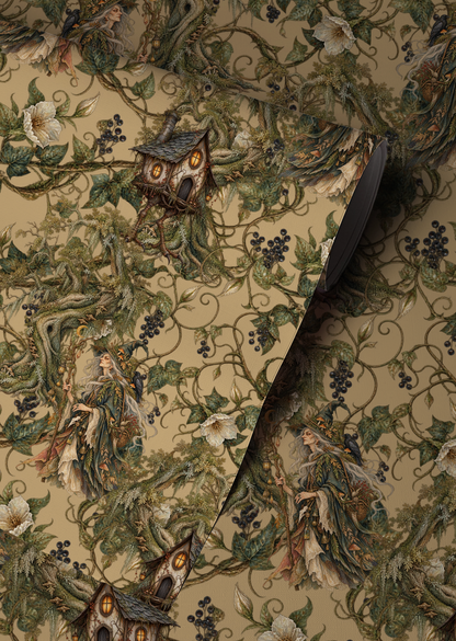 Baba Yaga witch wallpaper featuring mysterious woodland witches, enchanted cottages, twisted tree branches, ivory flowers and dark berries on a warm antique beige background up close