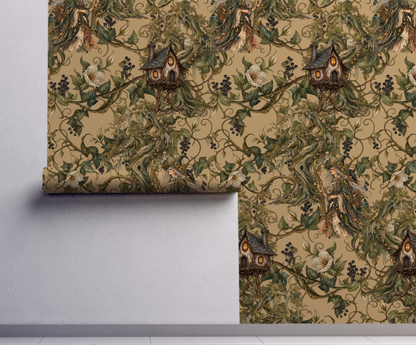 Baba Yaga witch wallpaper featuring mysterious woodland witches, enchanted cottages, twisted tree branches, ivory flowers and dark berries on a warm antique beige background n wall