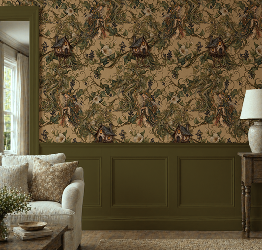 Baba Yaga witch wallpaper featuring mysterious woodland witches, enchanted cottages, twisted tree branches, ivory flowers and dark berries on a warm antique beige background n living room