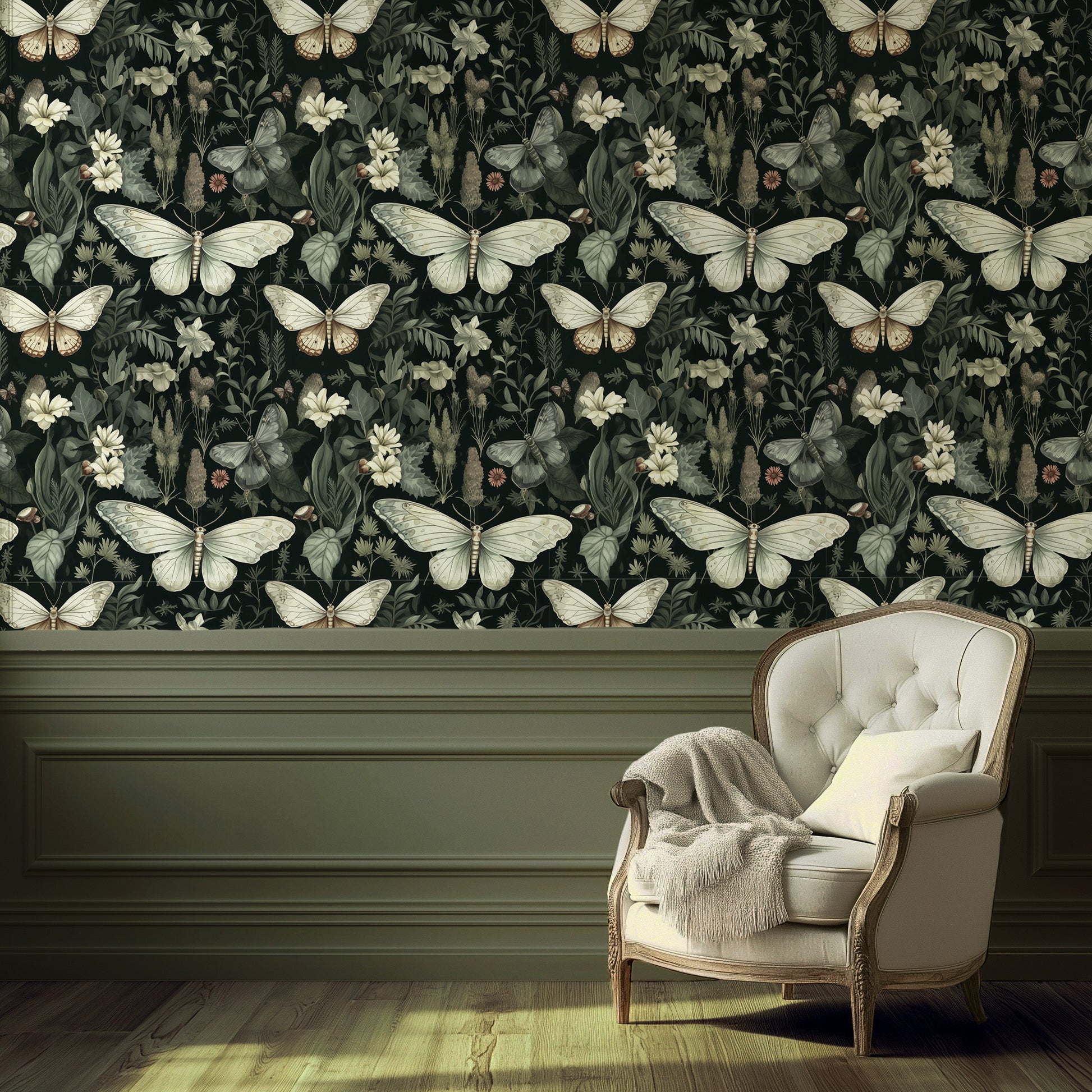 Peel and stick wallpaper with ivory moths and forest florals on a dark green background for Cottagecore interiors
