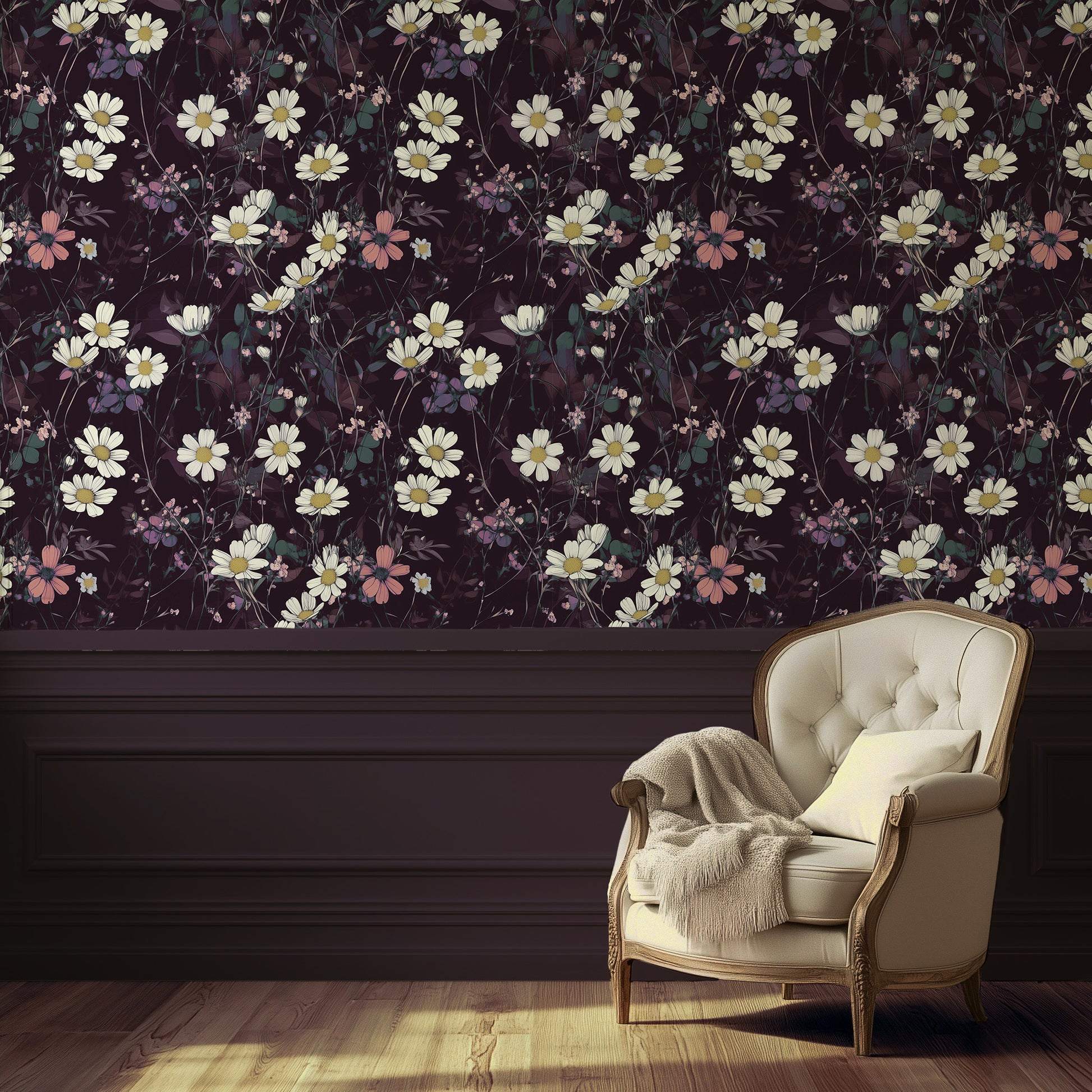Dark floral wallpaper with white daisies, blush pink wildflowers, and deep plum background in a romantic Cottagecore style