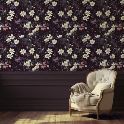 Dark floral wallpaper with white daisies, blush pink wildflowers, and deep plum background in a romantic Cottagecore style